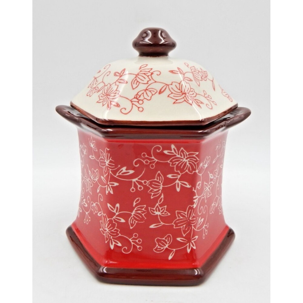 Temp-tations Floral Lace Cranberry Canister .9 QT Ceramic 8 In Hand-Painted